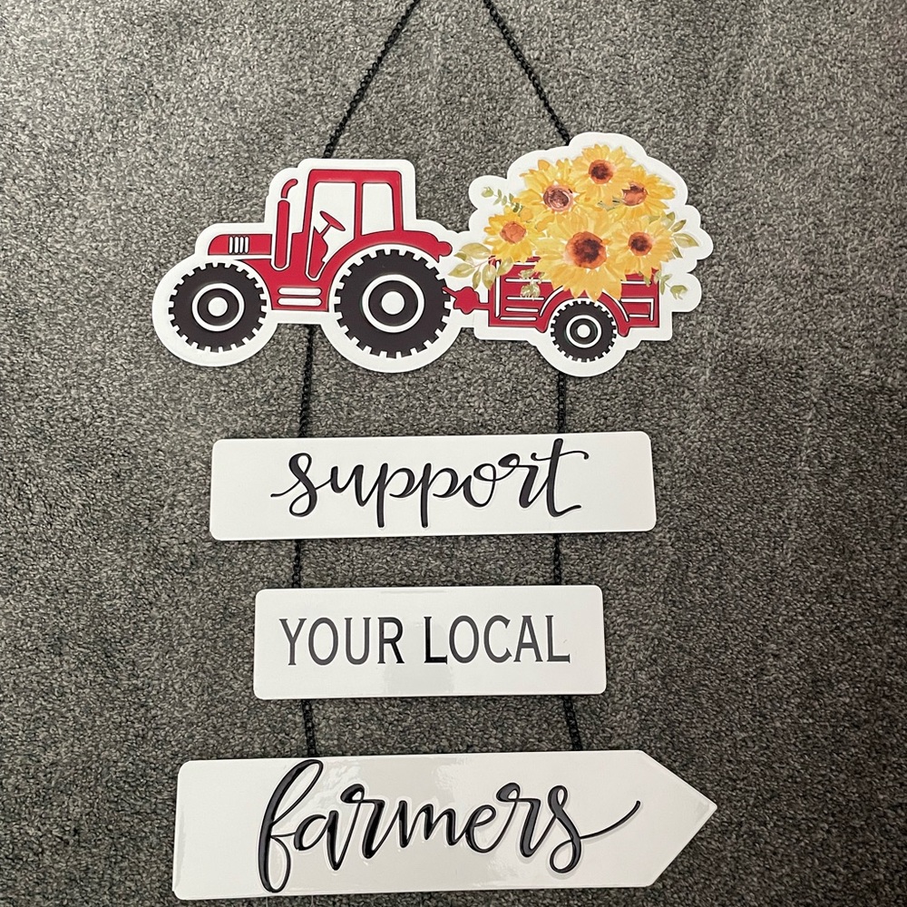 NWT Support Your Local Farmers Metal Tin Hanging Sign Chain Tractor Farm Decor